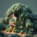 Cartoon style broccoli house in the forest, charming and imaginative illustration