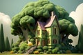 Cartoon style broccoli house in the forest, charming and imaginative illustration