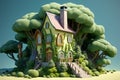 Cartoon style broccoli house in the forest, charming and imaginative illustration