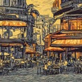 Cartoon style cafe street in big city like Paris