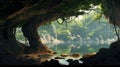 Cartoon-style Cave With Large Canopy Tree And Beautiful Morning Sunlight