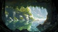 Cartoon-style Cave With Large Canopy Tree And Beautiful Morning Sunlight