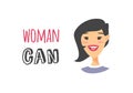 Cartoon style character Asian American girl. Vector illustration japanese or chinese women and feminism quote WOMAN CAN