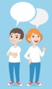 Cartoon style characters. Girl and boy with comics speech bubbles. Royalty Free Stock Photo