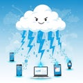 A cartoon-style cloud with a mischievous expression releases blue lightning Royalty Free Stock Photo