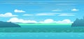 Cartoon style coastal harbor ocean. Blue sea. Marine view. Rocks with passage for ships. Sea on horizon. Summer clouds