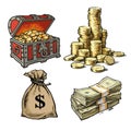Chest with treasures, stack of coins, sack of dollars, stack of dollar bills. Vector.