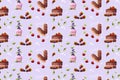 Cartoon style confectionery pattern on purple background. Doodle. Doodle. Cake, cupcake, eclairs. Vector illustration