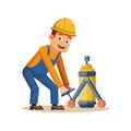 Cartoon construction worker uses equipment for professional purposes Royalty Free Stock Photo