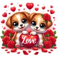 A cartoon style of a couple adorable dog, with a heart of love, love sign, bathed in red rose petals, flower, love art, romance Royalty Free Stock Photo