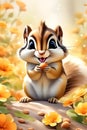 A cartoon style of cute chipmunk, with expressive face holding a nut, surrounded by the flowers, watercolor painting, anime art