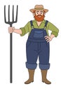 Cartoon style of cute man wearing gardening clothes. Standing smiling and holding a farm rake