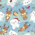 Cartoon style cute polar bear and deer seamless pattern