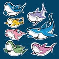 Cartoon style cute sharks family set