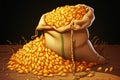 Cartoon style depiction of a sack brimming with realistic corn grains