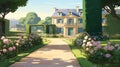 A cartoon style digital painting of a French villa with pink roses in the front yard Royalty Free Stock Photo