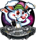 Cartoon style Discjockey rabbit operating mixer desk