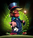 Cartoon style Donald Trump in magician hat with playing cards, card sharper.
