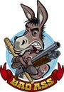 Cartoon style donkey holding gun and bat
