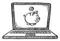 Cartoon style doodle of notebook with dollar coin falling into piggy bank. Hand drawn vector illustration.