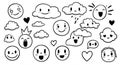 Cartoon-style doodles featuring various expressions on clouds and round faces.