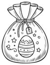 Cartoon style drawing of Easter bag with egg, stars and circles decoration Royalty Free Stock Photo