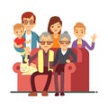 Cartoon style family isolated on white background. Grandparents Day happy old couple with grandsons