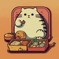 Cartoon style of a fat cat enjoying a bento.