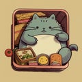 Cartoon style of a fat cat enjoying a bento.