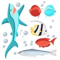 Cartoon style fish and water bubbles. Shark, sardine, discus, zebrasoma, butterfly fish, Isolated on white background. Royalty Free Stock Photo