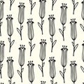 Cartoon style floral patten with black line art stylized tulips