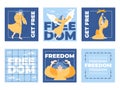 Cartoon style freedom inscriptions cards. Motivational typography poster, long hair woman, breaking chain, going beyond