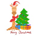 Cartoon-style giraffe Christmas card with a Christmas tree and gifts Royalty Free Stock Photo