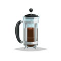 Cartoon style glass french press coffee pot. Home coffee maker. Drinkware vector illustration. Best for coffee shop and restaurant