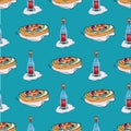 Cartoon style. Hand drawing wine and pizza. Vector food and drink. Pizza and wine pattern for tablecloth or paper wall for cafe