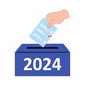 Cartoon style hand holding a vote ballot. 2024 election concept. Referendum and political poll.