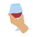 Cartoon style hand toasting with a glass of red wine. Celebration or wine testing concept. Royalty Free Stock Photo
