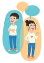 Cartoon style happy Asian girl and boy in circle shapes with comics speech bubbles. Royalty Free Stock Photo