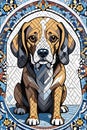 Cartoon style of a hound dog in unique and elegance, with intricate mosaic tiles, animal art, unique