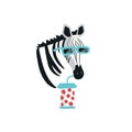 Cartoon style icon of cute zebra with sunglasses and drink. Funny portrait of the character for a different design