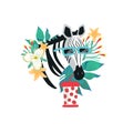 Cartoon style icon of cute zebra with sunglasses and drink. Funny portrait of the character with tropical leaves, flowers for a