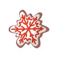 Flat vector icon of delicious gingerbread in shape of snowflake. Tasty Christmas cookie decorated with colored icing