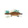 Cartoon style icon of duckbill with tropical leaves, flowers. Cute character for different design