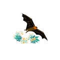 Cartoon style icon of flying fox with tropical flowers, leaves. Cute character for different design Royalty Free Stock Photo