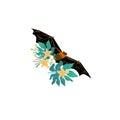 Cartoon style icon of flying fox with tropical flowers, leaves. Cute fruit bat for different design Royalty Free Stock Photo