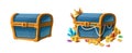 Vector cartoon style icon illustration. Pirate treasure chest open and closed with gold coins and gems.