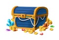 Vector cartoon style icon illustration. Pirate treasure chest open with gold coins and gems.