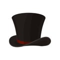 Flat vector icon of male cylinder top hat. Broad-brimmed black hat with red ribbon. Stylish men accessory