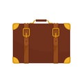 Old brown traveler suitcase. Vintage leather bag with small handle, belts and golden corners. Flat vector design Royalty Free Stock Photo