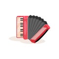 Flat vector icon of red accordion. Portable musical instrument with black and white keys. Element for advertising poster Royalty Free Stock Photo